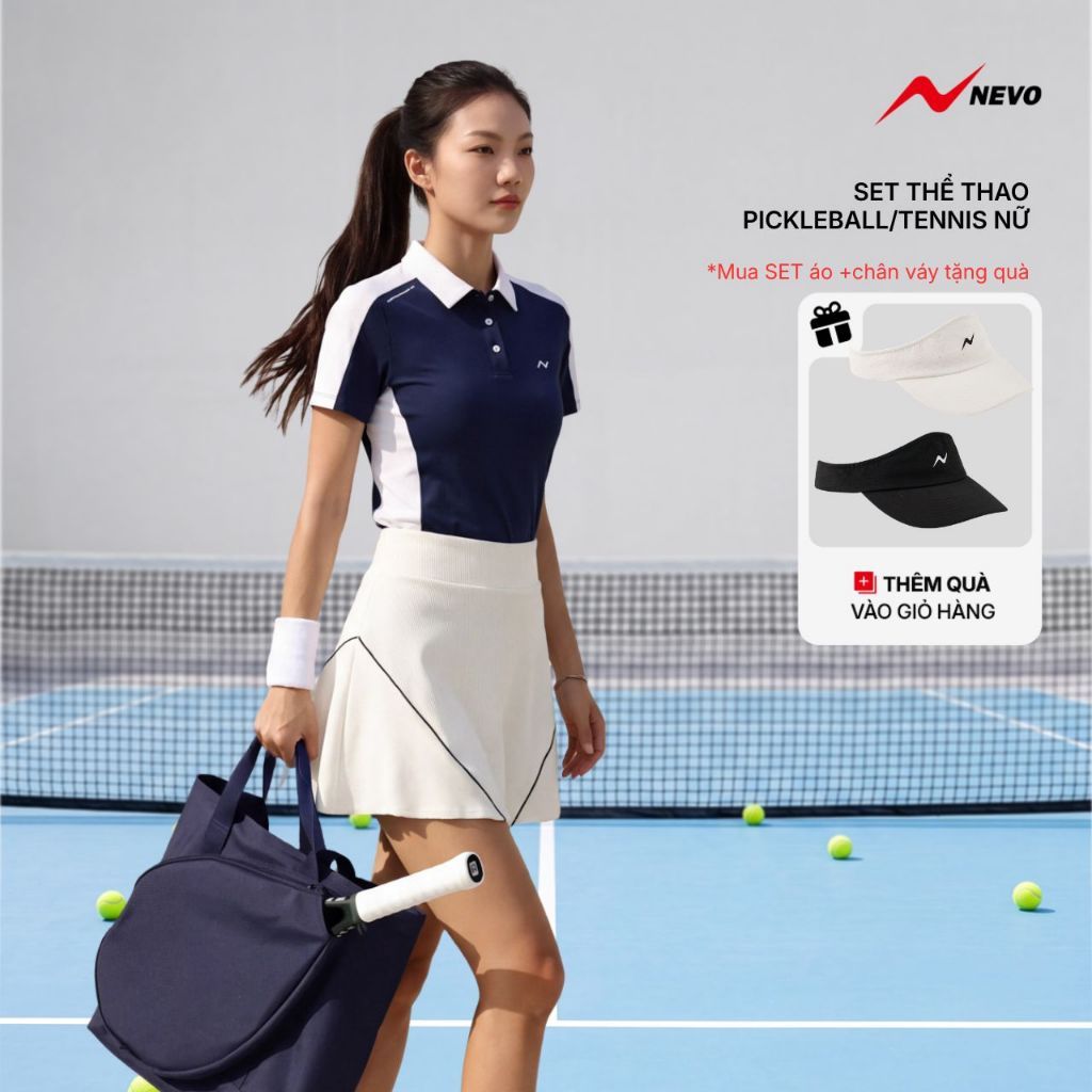 [Tặng mũ] Set Đồ Thể Thao Nữ Áo Polo Phối Sườn + Chân Váy Tennis Pickleball Cạp Cao NEVO WBPO26A013&WBSK26S009