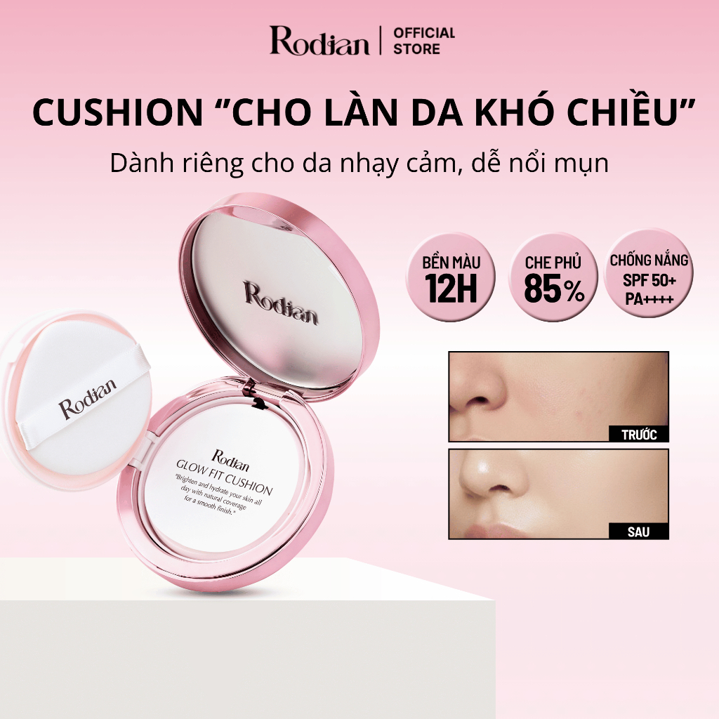 Phấn Nước Cushion Rodian Cho Da Nhạy Cảm, Dễ Nổi Mụn, Mỏng Nhẹ Tự Nhiên Lâu Trôi Suốt 12h và Chống Nắng SPF50+/PA++++