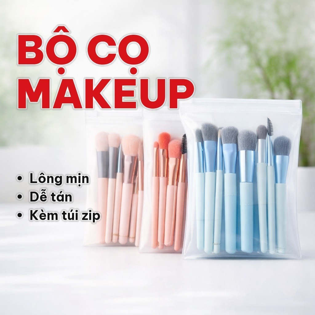 (COMBO 5) Bộ Cọ Trang Điểm 8 Cây Vintage, Set Cọ Trang Điểm Lông Dày Mịn Kèm Túi Zip, Dễ Tán Phấn
