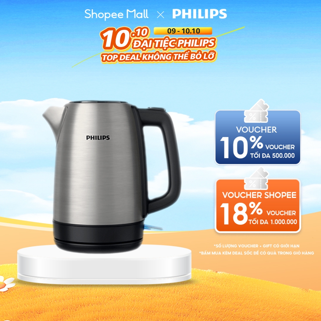 Bình đun kim loại, nắp nhún lò xo, đèn báo Philips HD9350/90 | 1.7Lít| 2200W - Hàng Chính Hãng