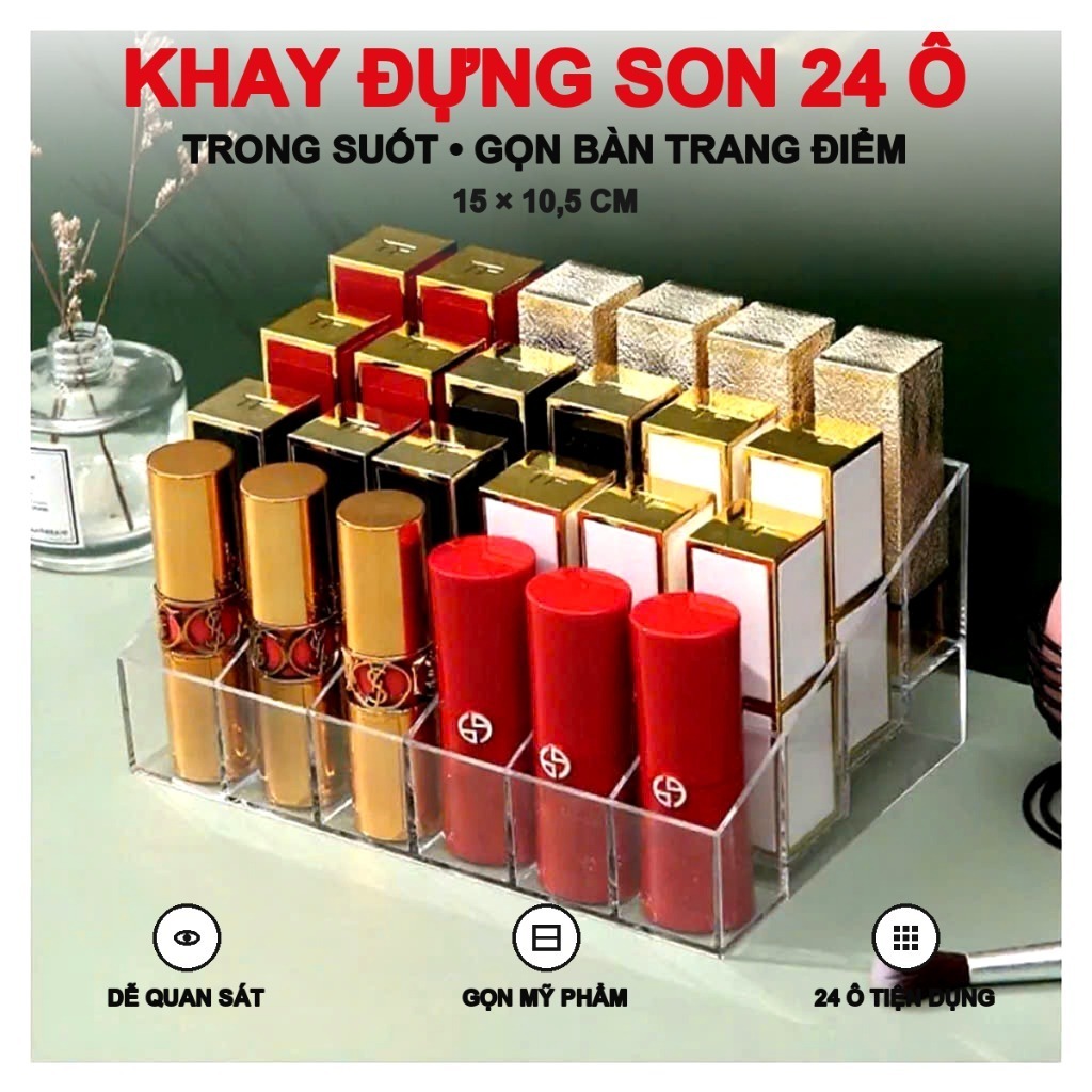 Khay Đựng Son 24 Ô Nhựa Mica Trong Suốt, Kệ Đựng Mỹ Phẩm Thiết Kế Bậc Thang Giúp Sắp Xếp Bàn Trang Điểm