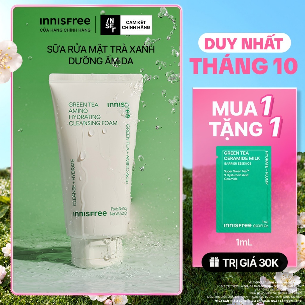 Sữa rửa mặt trà xanh sạch sâu ẩm mịn INNISFREE Green Tea Amino Cleansing Foam 150g