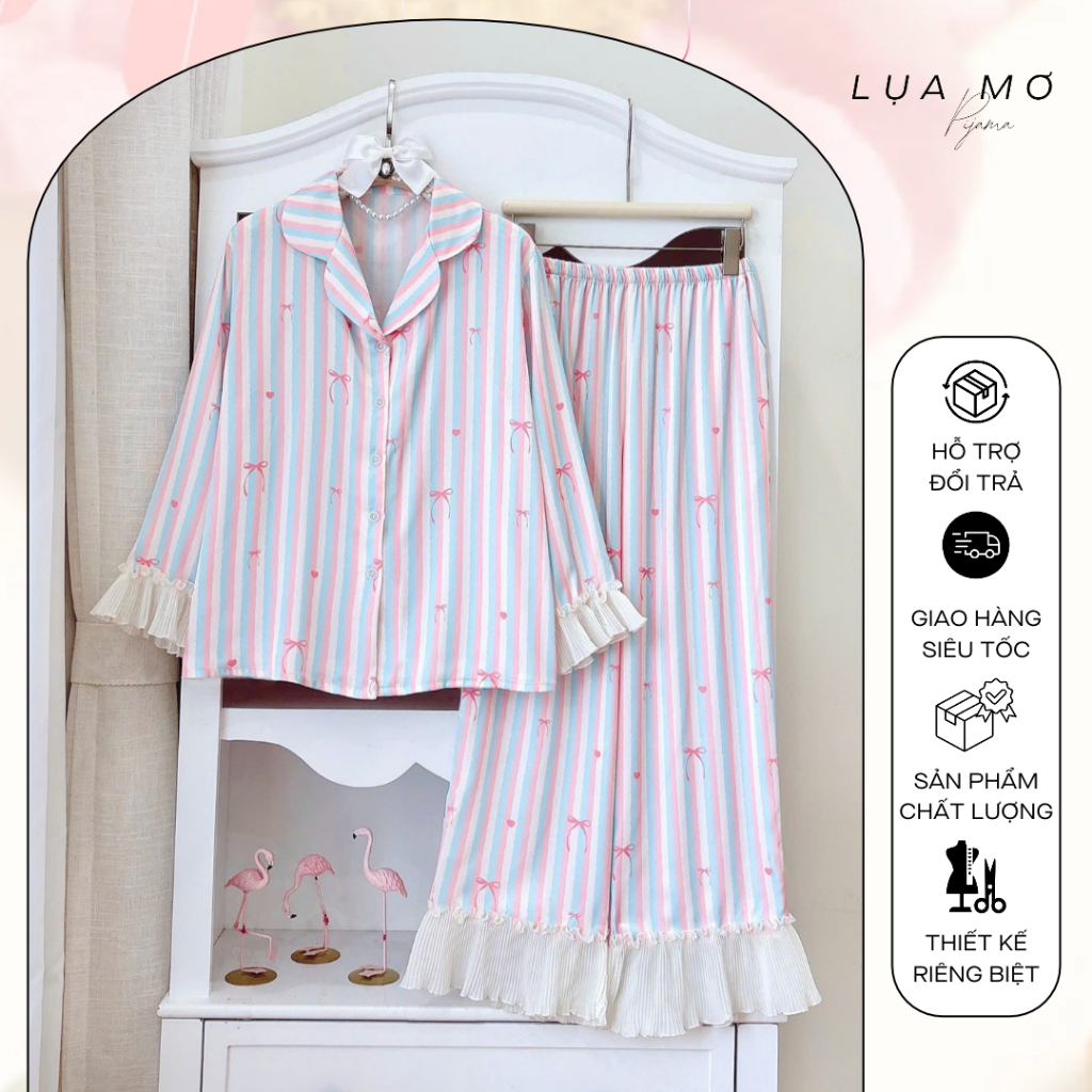 Pijama Tiểu Thư Tay Phối Bèo Loe Họa Tiết Dễ Thương Vải Lụa Latin Cao Cấp - Đồ bộ Lụa Mơ LM66