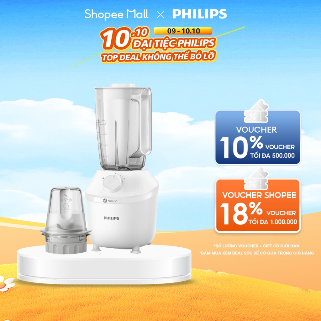 Máy xay sinh tố PHILIPS HR2041 /10 | 450W |xay nhuyễn trong 45s - Hàng Chính Hãng