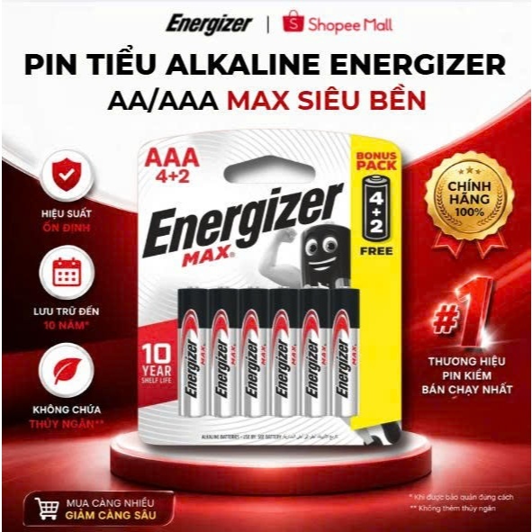Pin tiểu Alkaline AA - AAA Energizer Max, Pin 2A/ 3A An toàn không thuỷ ngân, Chống chảy nước/ Rỉ sét - Chính Hãng