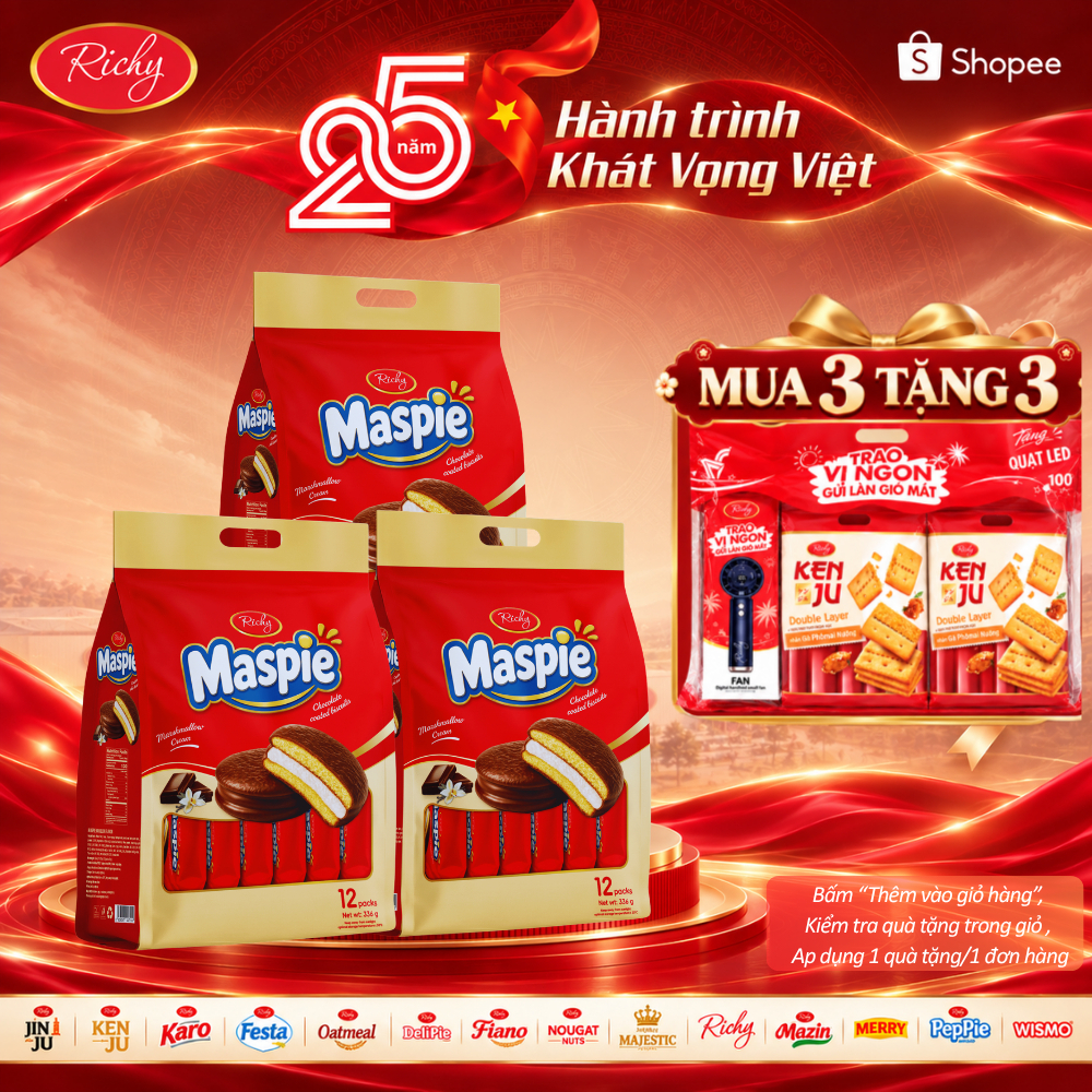 [MỚI RA MẮT][MUA 3 TẶNG 3] COMBO 3 Túi Bánh Pie Giòn Maspie Richy Nhân Marshmallow Phủ Chocolate 336g – 12 Bánh/Túi