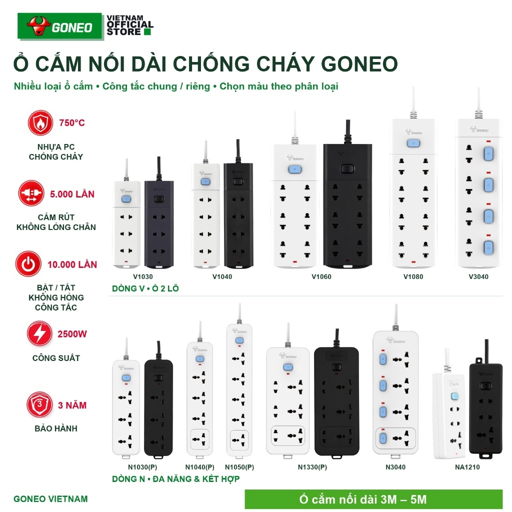Ổ Cắm Điện Nối Dài Chịu Tải Cao 2500W An Toàn GONEO dây dài 3-5m  , Chống cháy