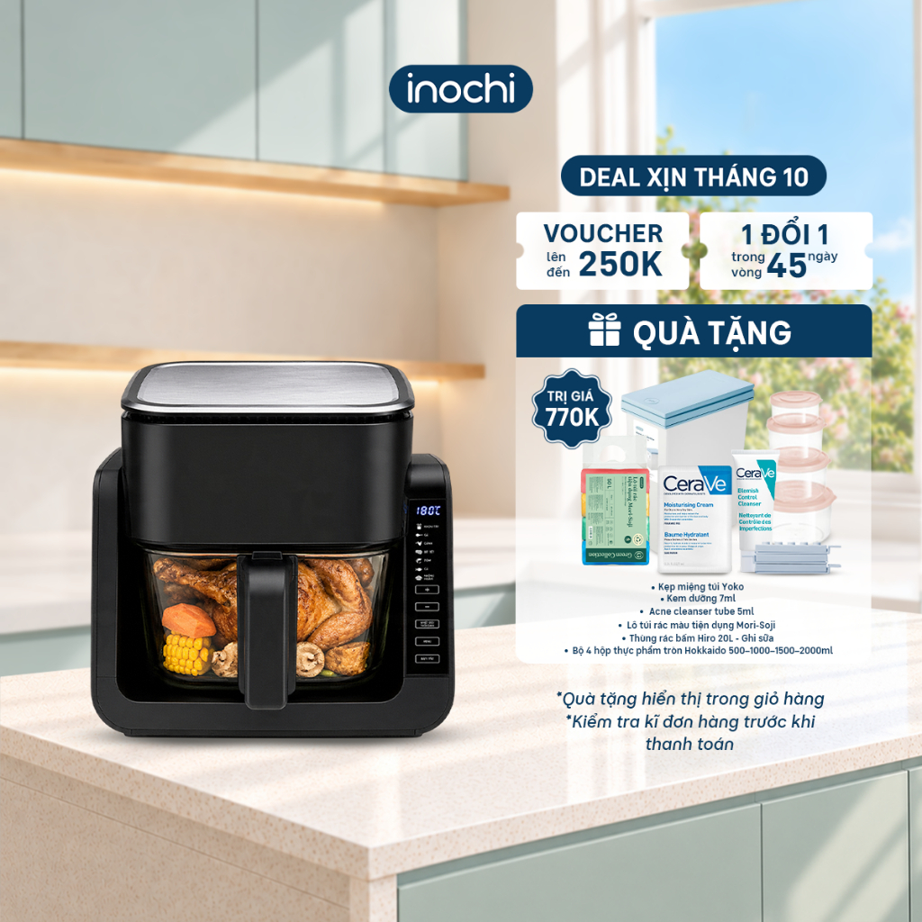 Nồi Chiên Không Dầu 6in1 Inochi Akiba - Nồi chiên đa năng nướng lật đảo chiều, lồng kính trong suốt