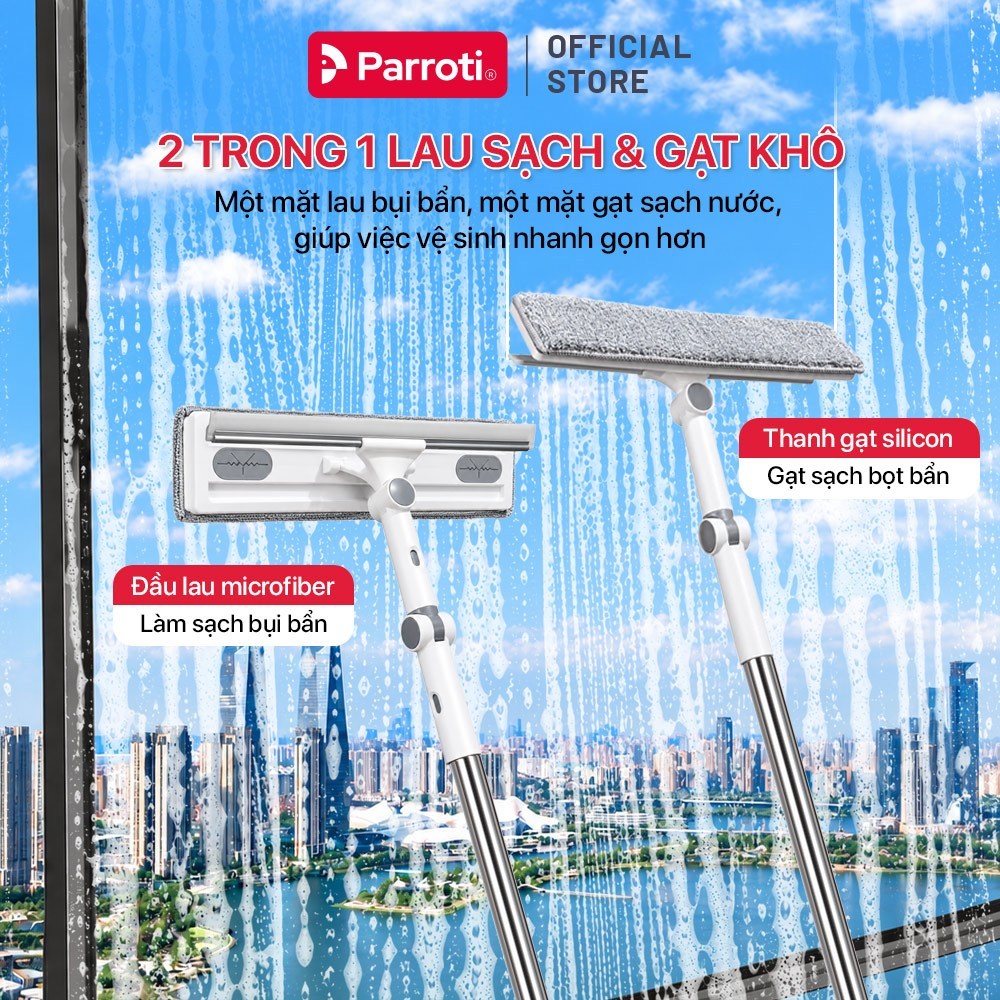 Cây Lau Kính Gạt Nước 2 Trong 1 Đa Năng Parroti Mẫu 2026 Khớp Xoay Linh Hoạt, Cán Inox 170cm Điều Chỉnh Độ Dài - SN02