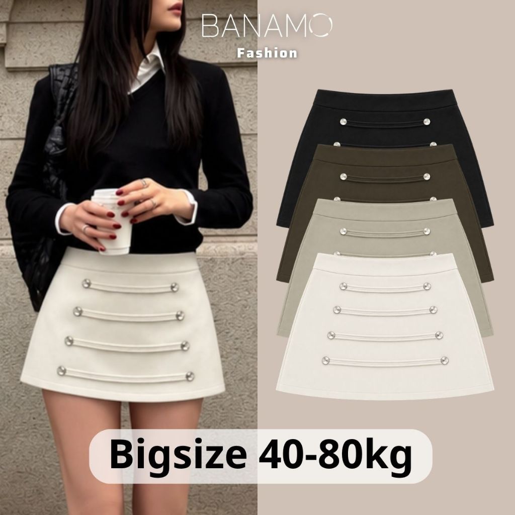Chân váy nữ BIGSIZE Banamo Fashion chữ A cạp cao đính cúc bạc phong cách preppy chất kaki Nhật 586