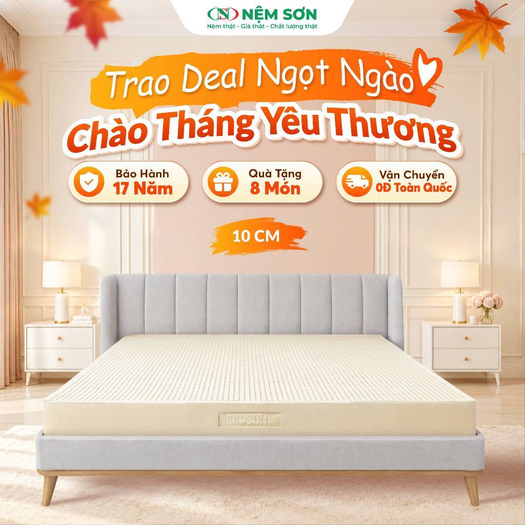 [Mua 1 Tặng 8] - Nệm cao su thiên nhiên nguyên khối white - Nệm Sơn - Loại 10cm - Đầy đủ kích thước