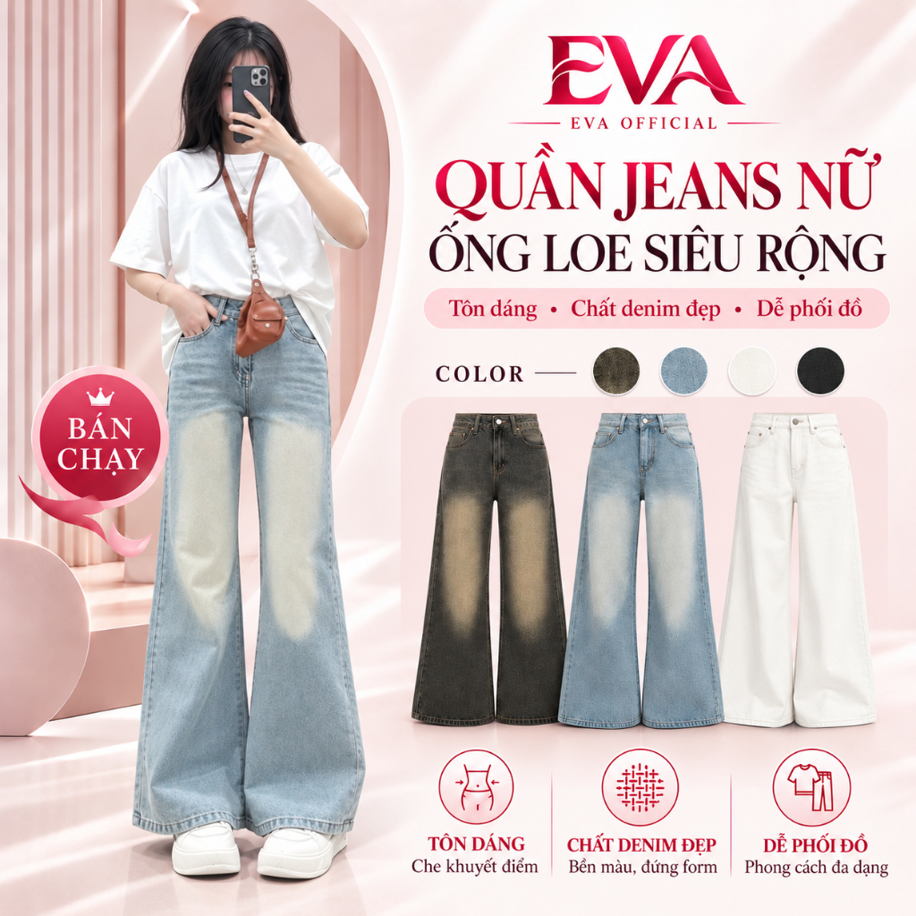 Quần Jeans Nữ Ống Loe Siêu Rộng Cotton Chất Vải Mềm Không Co Giãn Dáng Rông Không Ôm Không Co Giãn Eva Boutique