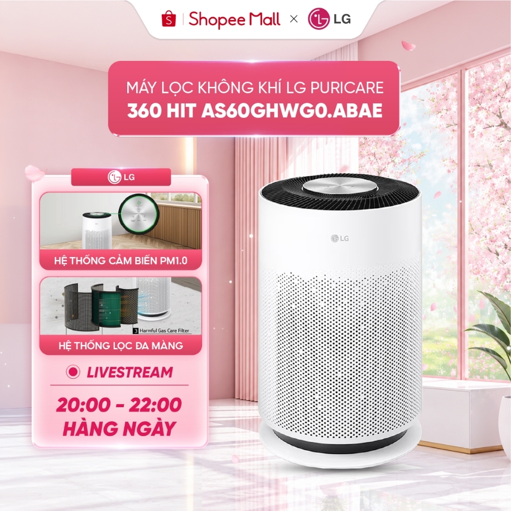 Máy lọc không khí LG Puricare 360 Hit AS60GHWG0 lọc bụi mịn, khử mùi hiệu quả, cảm biến thông minh, Bảo hành chính hãng