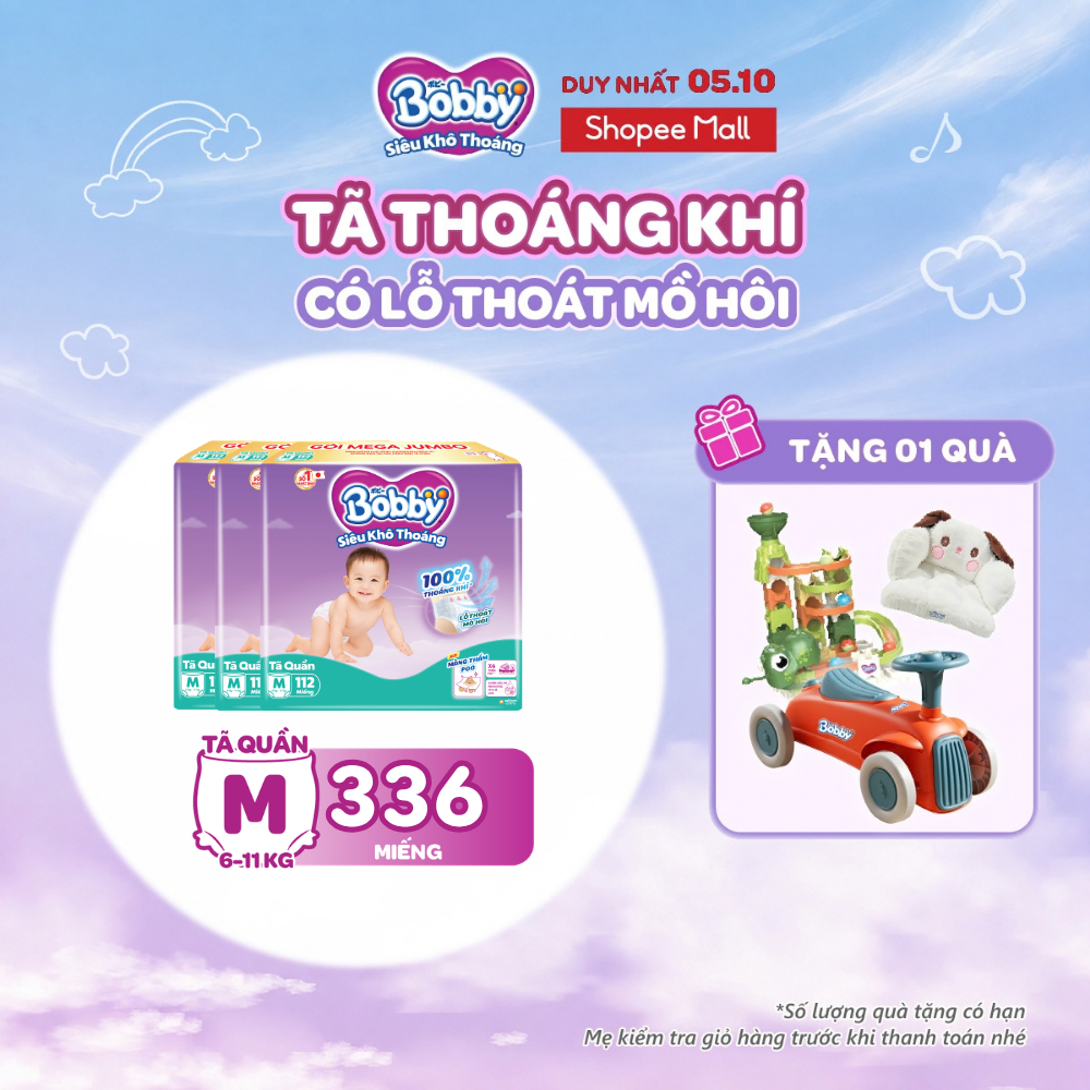 [TẶNG MIẾNG NGẪU NHIÊN] Combo 3 tã quần Bobby Siêu Khô Thoáng - 100% Thoáng Khí Mega Jumbo M112/L96/XL84/XXL76