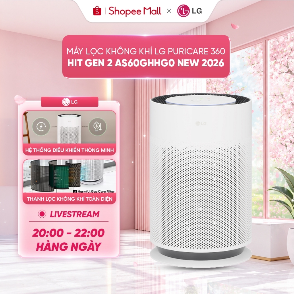 Máy lọc không khí LG PuriCare 360 Hit Gen 2 AS60GHHG0 New 2026, lọc sạch bụi mịn, khử mùi hôi, màng lọc Hepa chính hãng
