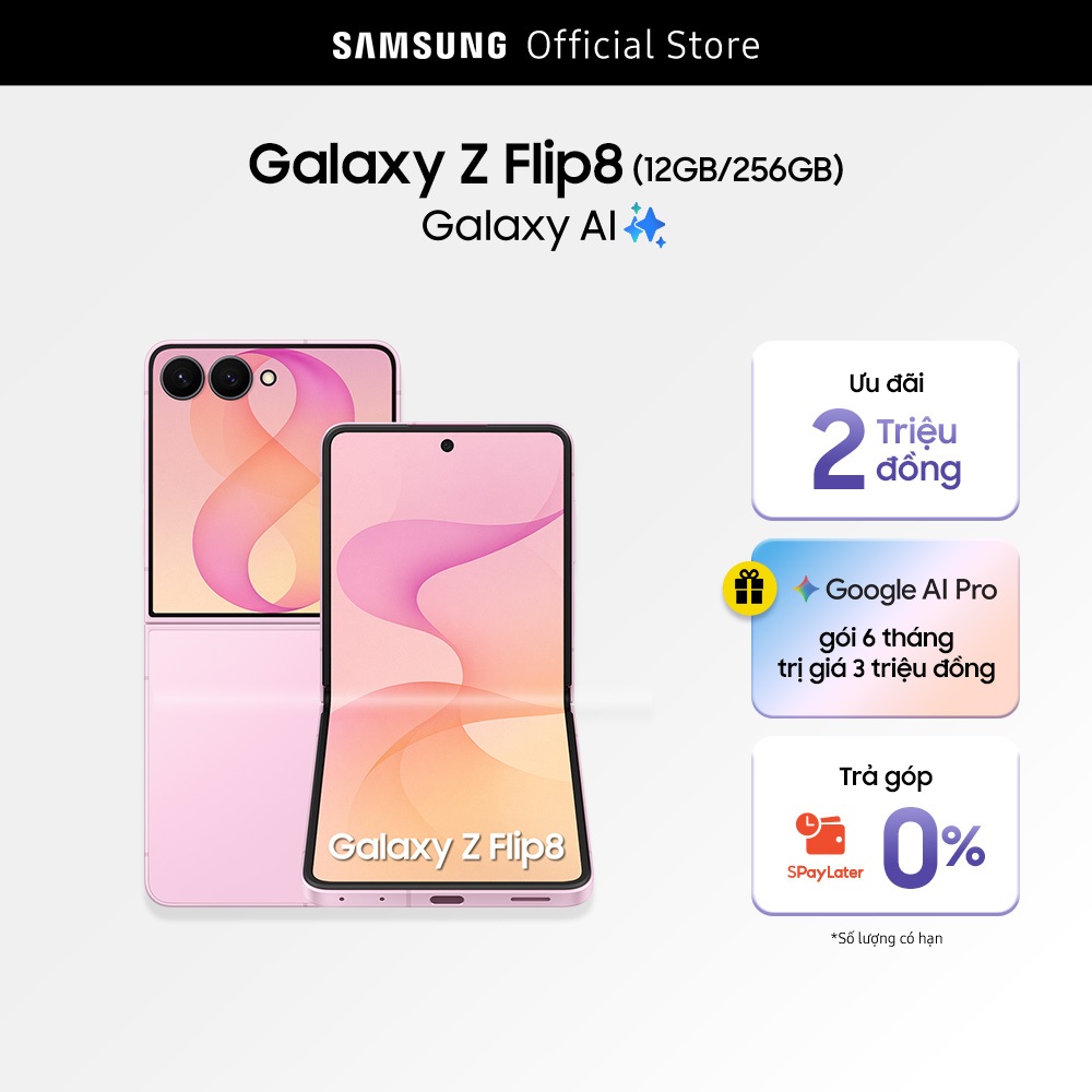 Điện thoại Samsung Galaxy Z Flip8, 12GB/256GB, FlexCam 50MP, Galaxy AI, Màn hình FlexWindow 4.1
