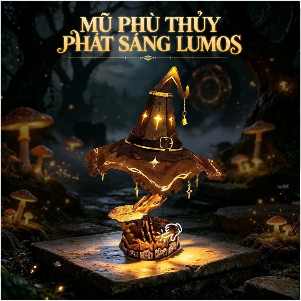 Mô Hình Lắp Ráp Gỗ DIY 3D Mũ Phù Thủy Phát Sáng Lumos Đèn LED Trang Trí Fantasy, Quà Tặng Handmade