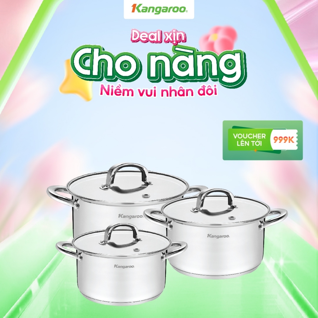 [ĐỘC QUYỀN] Bộ nồi inox 201 đáy 5 lớp cao cấp size 16-20-24 Kangaroo KGIP3B3E/ KGIP3B4E