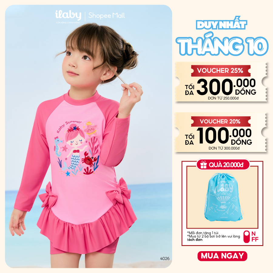 [Tặng Túi Bơi] Đồ bơi bé gái liền thân ILABY váy bơi chống nắng UPF 50+, co giãn 4 chiều, khóa kéo lưng [4026]