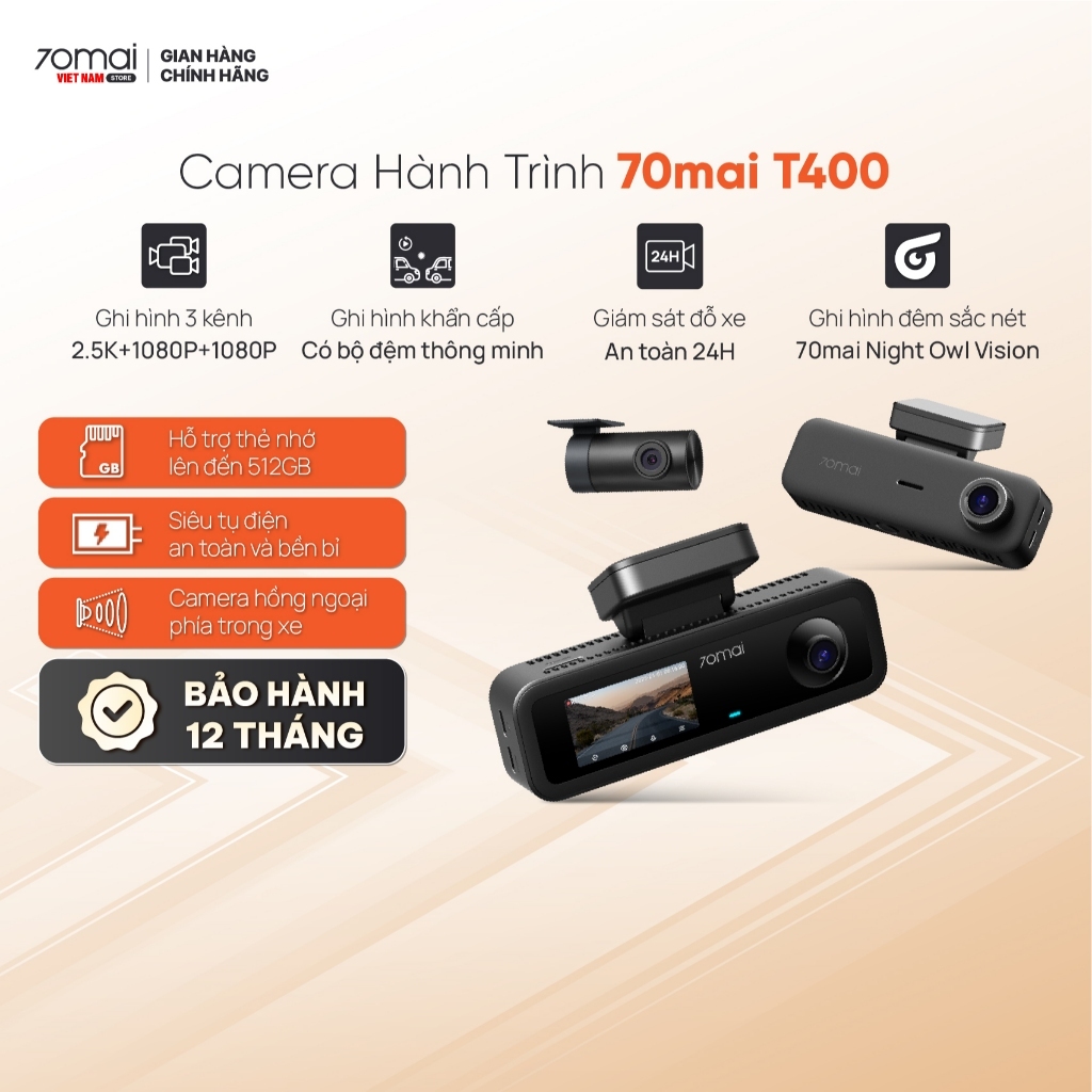 Camera Hành Trình 70mai T400 Ghi Hình 2.5K HDR, 3 Kênh Trước Sau Và Trong Xe, Giám sát đỗ xe 24h