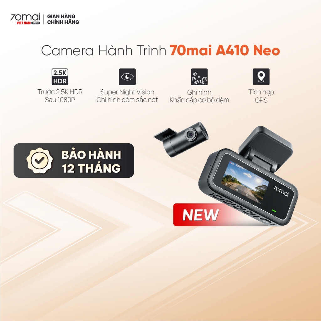 Camera hành trình 70mai A410 NEO 2.5K HDR ghi hình 2 mắt trước sau sắc nét, Giám sát đỗ xe 24h, Tích hợp GPS
