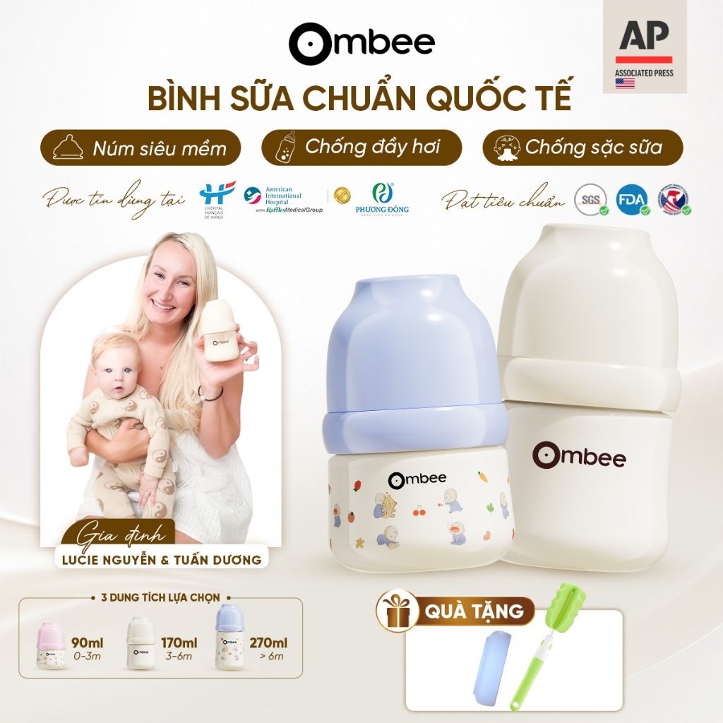 Bình Sữa Ombee Chất Liệu PPSU Cổ Rộng Chống Sặc Chống Đầy Hơi Núm Ti Mềm Mại Mô Phỏng Tự Nhiên
