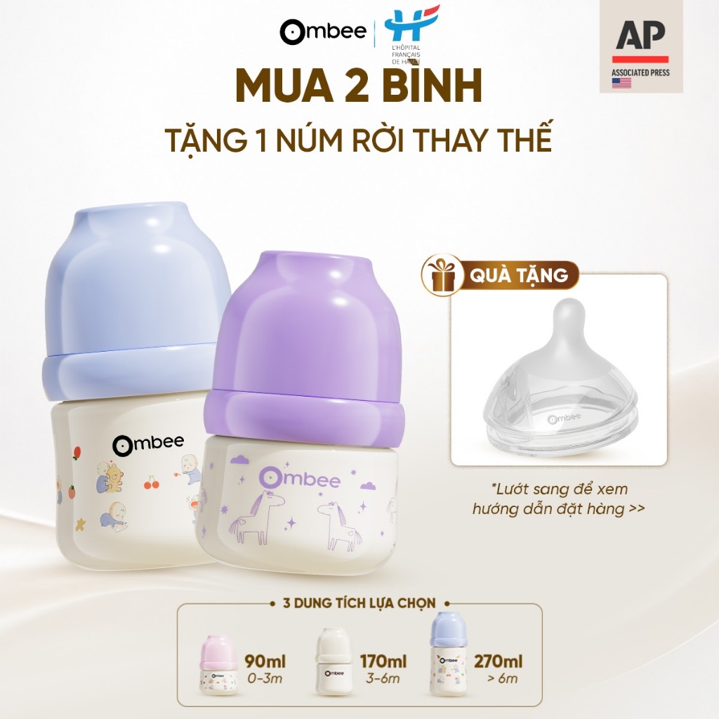 [MUA 2 BÌNH TẶNG 1 NÚM] Bình sữa Ombee PPSU Anti-colic - Phiên Bản Basic/Prince/Angel -90ml/170ml/270ml