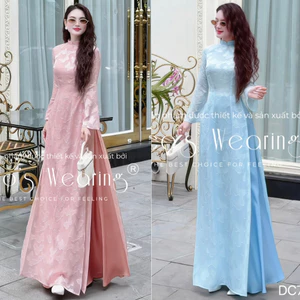 Áo Dài Tơ 4 Tà LEOSWEARING Họa Tiết Dệt Nổi Cổ Trụ Tay Dài Kèm Quần Váy Lụa DC64