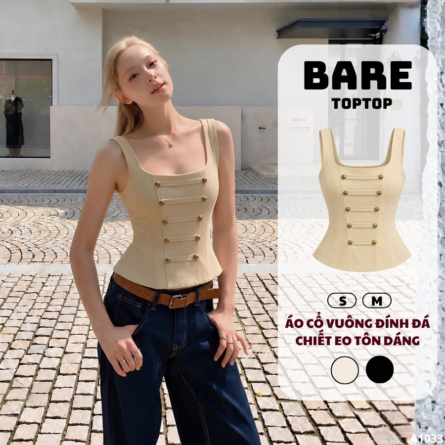 BARETOPTOP_Áo Kiểu Nữ Cổ Vuông Đính Đá Chiết Eo Tôn Dáng, Áo Hai Dây Bản To Ôm Body Thanh Lịch_A1033