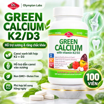 Viên Uống Canxi Hữu Cơ Olympian Labs Green Calcium K2 + D3 – Bổ Sung Canxi, Hỗ Trợ Xương Răng Chắc Khỏe – 100 Viên
