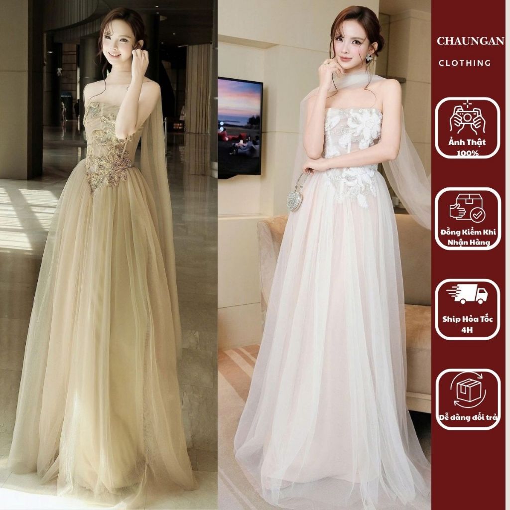 Đầm Dáng Dài Kèm Khăn Choàng Voan Cúp Ngực Corset Thêu Hoa - Váy Dạ Hội Dự Tiệc Cưới Sang Chảnh