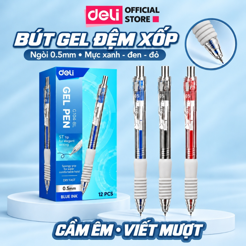 [🔥GIÁ SÔC 25K] Bút Bi Nước Bút Gel Mực Bấm Deli Đệm Xốp 3 Màu Xanh/ Đen/ Đỏ Ngòi 0.5mm Cho Học Sinh Văn Phòng