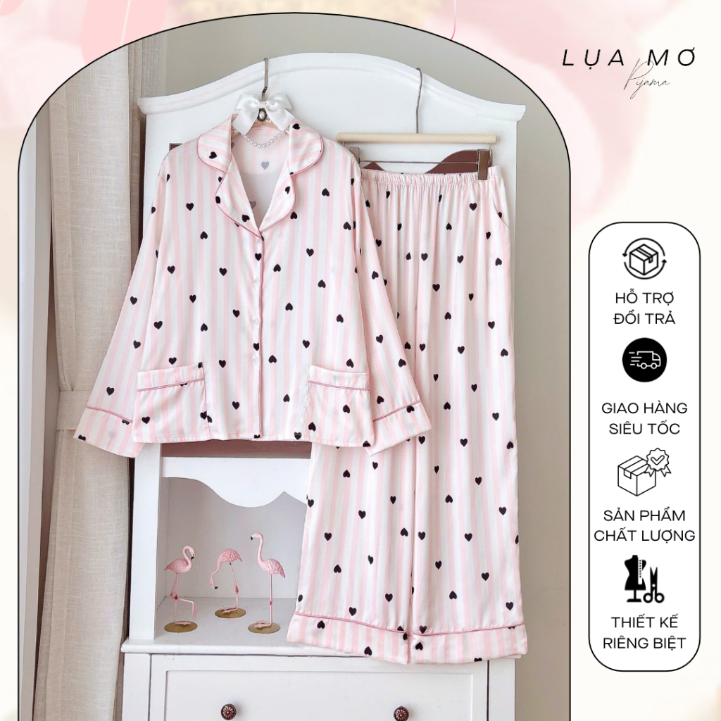 Pijama Tiểu Thư Tay Dài Phối 2 Túi Họa Tiết Dễ Thương Vải Lụa Latin Cao Cấp - Đồ bộ Lụa Mơ LM301