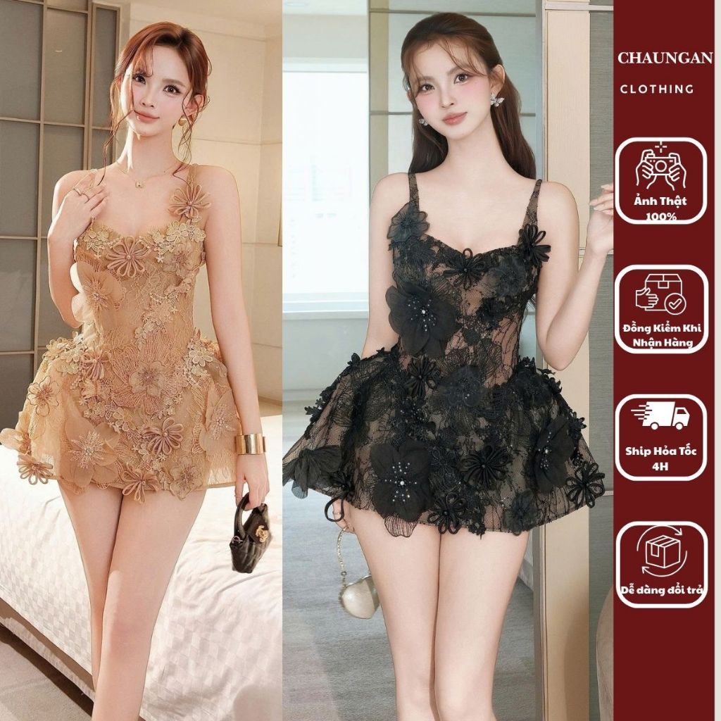 Đầm Tiệc Thiết Kế Hai Dây Cúp Ngực Dáng Xòe Bồng Đính Hoa Ren 3D Sang Chảnh