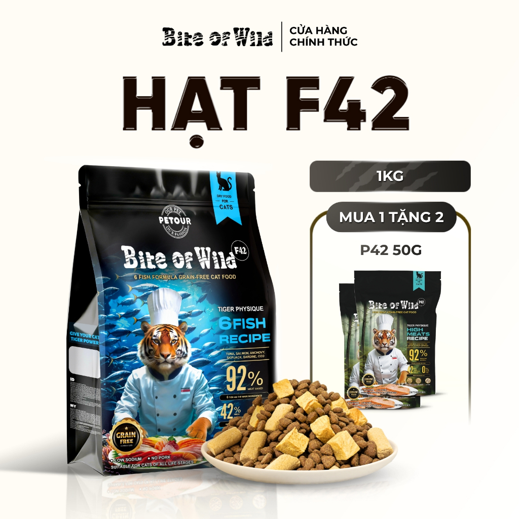 Thức Ăn Cho Mèo Bite Of Wild F42 Gói 1KG, Công Thức 6 Loại Cá, Không Ngũ Cốc Cho Mèo Mọi Lứa Tuổi