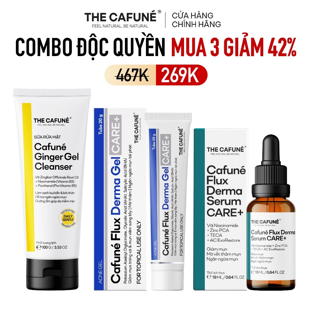 [COMBO GIẢM 42%] Combo 3 Bước Chăm Sóc Da Mụn Cafuné: Sữa Rửa Mặt Gừng + Serum Mụn Flux Derma + Gel Chấm Mụn Flux Derma