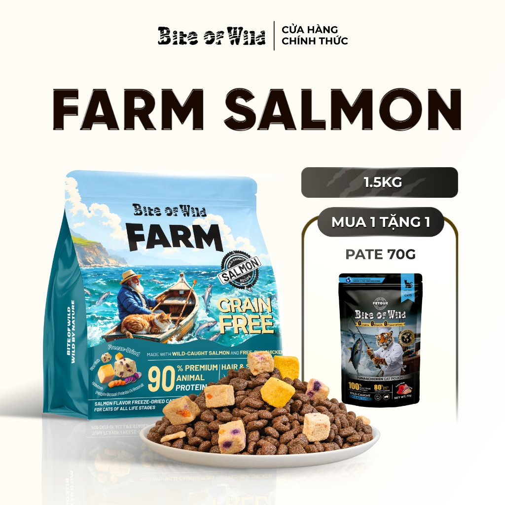 Hạt Cho Mèo Bite Of Wild Farm Cá Hồi, Gói 1.5KG, 90% Thịt Cá Hồi Na Uy, Gà Nuôi Thả, 6 Loại Chất Xơ