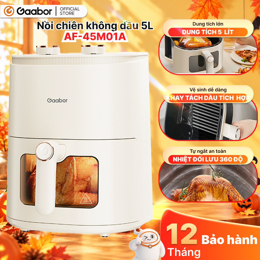 Nồi chiên không dầu 5L Gaabor AF-45M01A nút cơ thế hệ mới cửa kính trong suốt núm đôi tuần hoàn khí