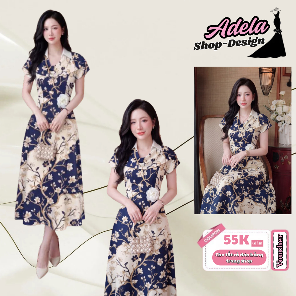 Váy Thiết Kế ADELA DESIGN Mango Ý Navy Hoa Cành Cổ Sơ Mi Bèo Vai MDU6763