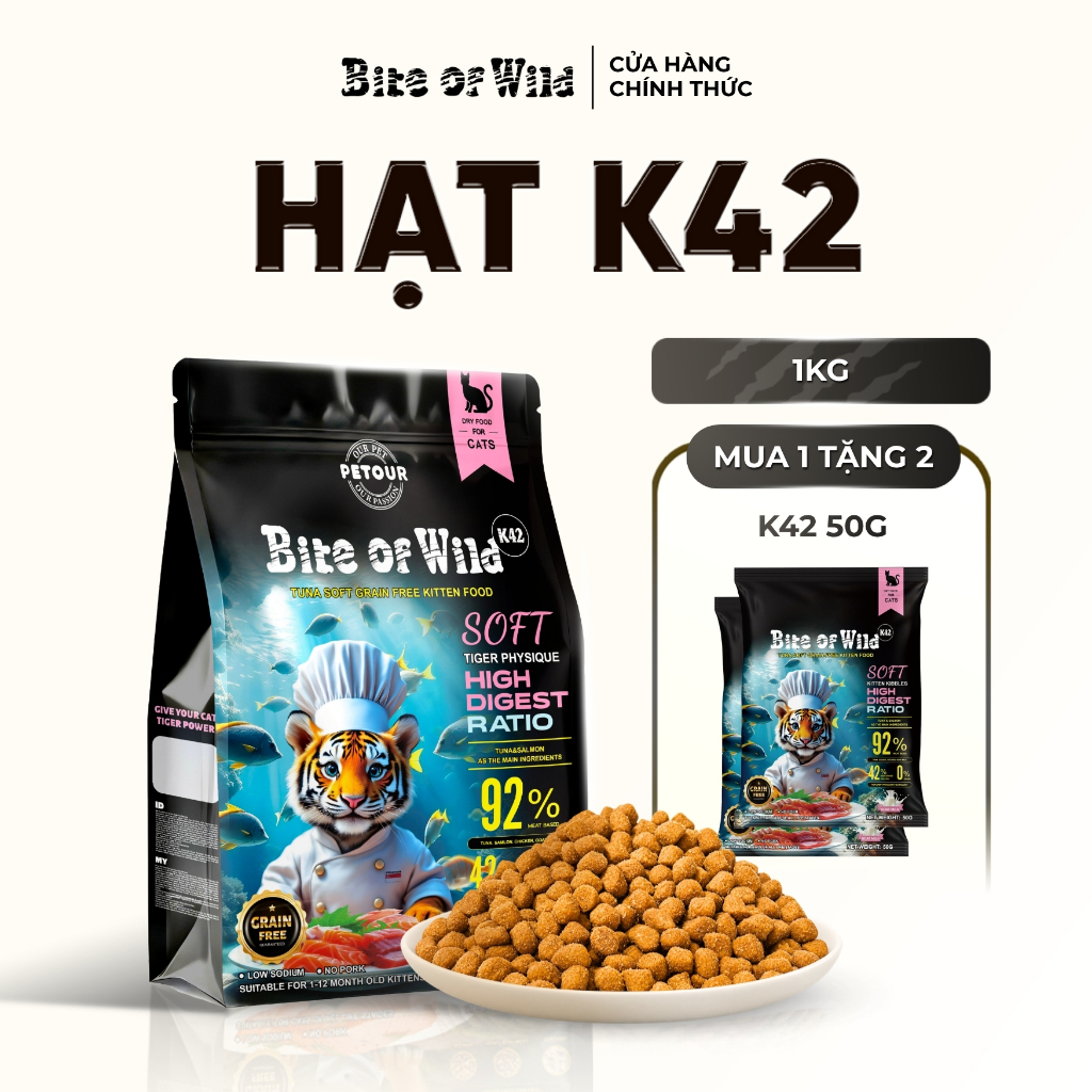 Hạt Cho Mèo Bite Of Wild K42 Mới, Gói 1KG Không Chứa Ngũ Cốc, Viên Mềm Dễ Tiêu Hoá Dành Cho Mèo Con