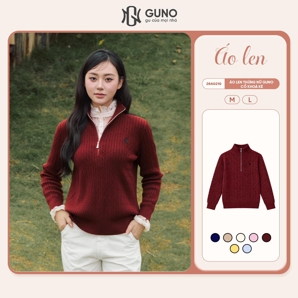 Áo Len Thừng Nữ GUNO Cổ Kéo Khóa Dày Dặn Giữ Ấm Thêu Logo Ngựa Freesize Basic Thời Trang  26AG210