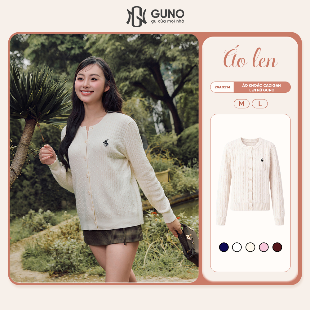 Áo Khoác Cadigan Len Nữ GUNO Cổ Tròn Phối Cúc Đồng Màu Dày Dặn Giữ Ấm Thêu Ngựa Thời Trang 26AG214