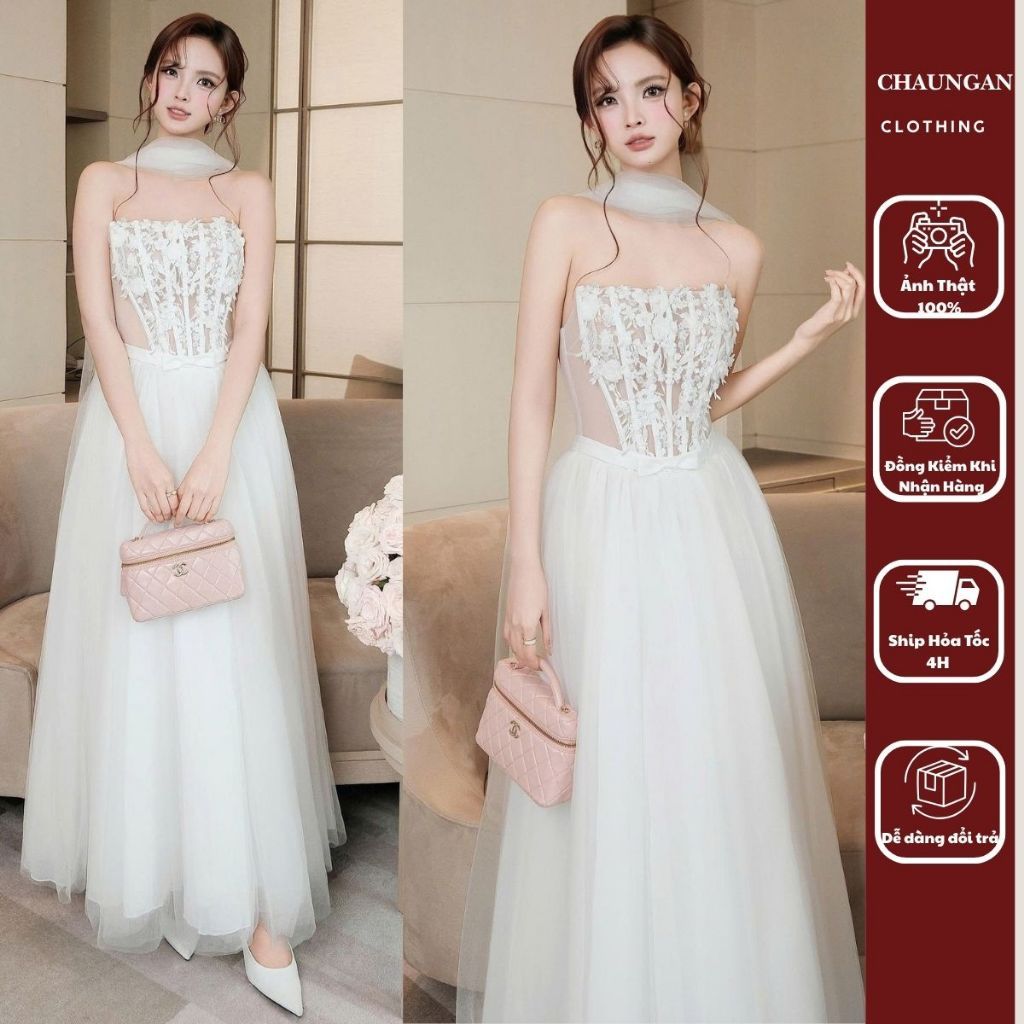 Đầm Dạ Hội Cúp Ngực Corset Thêu Hoa Phối Khăn Choàng Cổ Tơ Voan