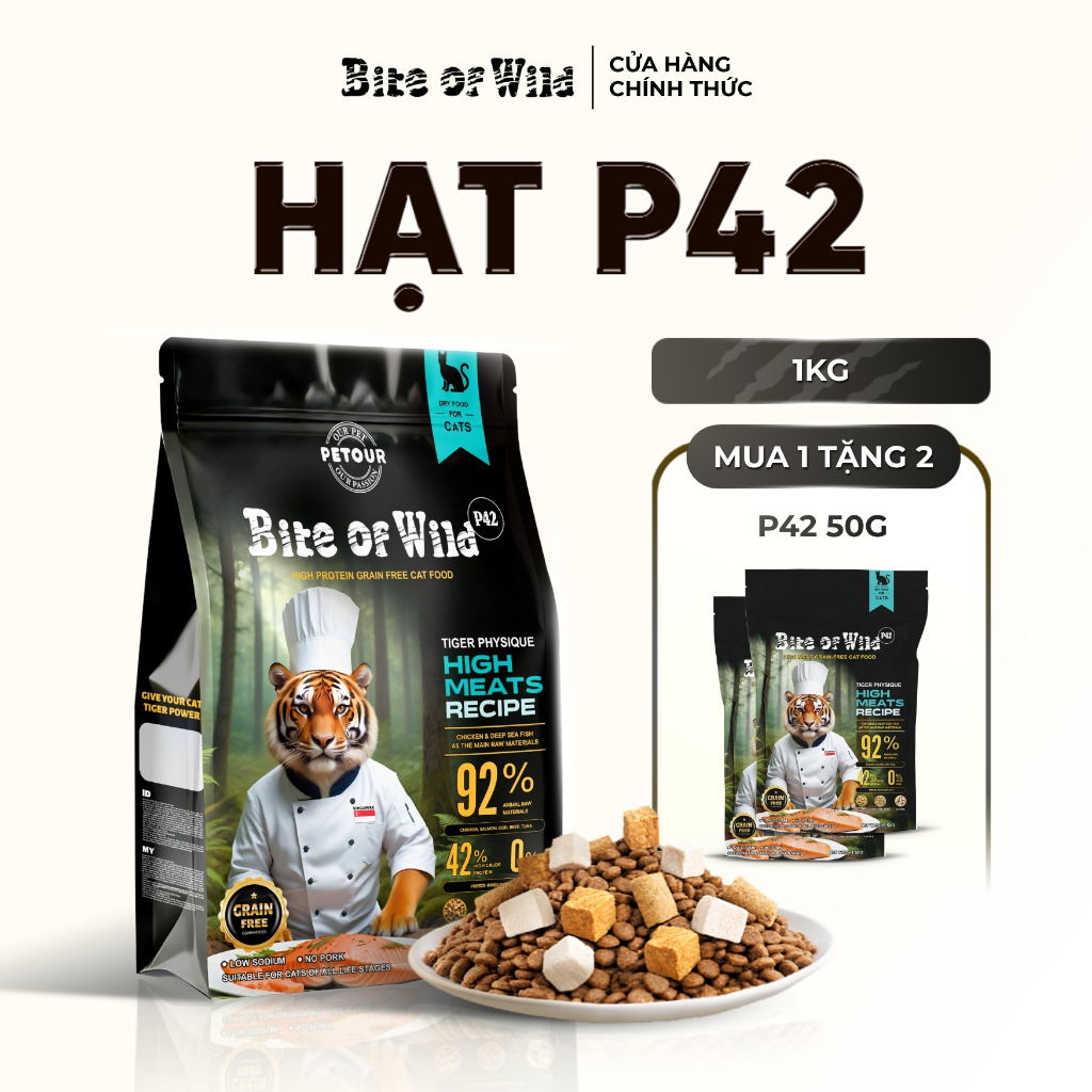 Thức Ăn Cho Mèo Bite Of Wild P42 1KG Không Chứa Ngũ Cốc Mix Thịt Sấy Cá Hồi Bò Cho Mèo Mọi Lứa Tuổi