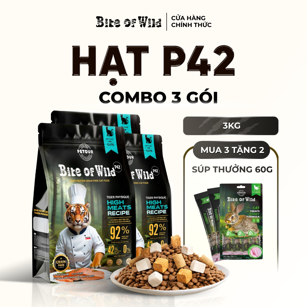 Thức Ăn Cho Mèo Bite Of Wild P42 Combo 3 Gói 1KG Không Ngũ Cốc Mix Thịt Sấy Cho Mèo Mọi Lứa Tuổi