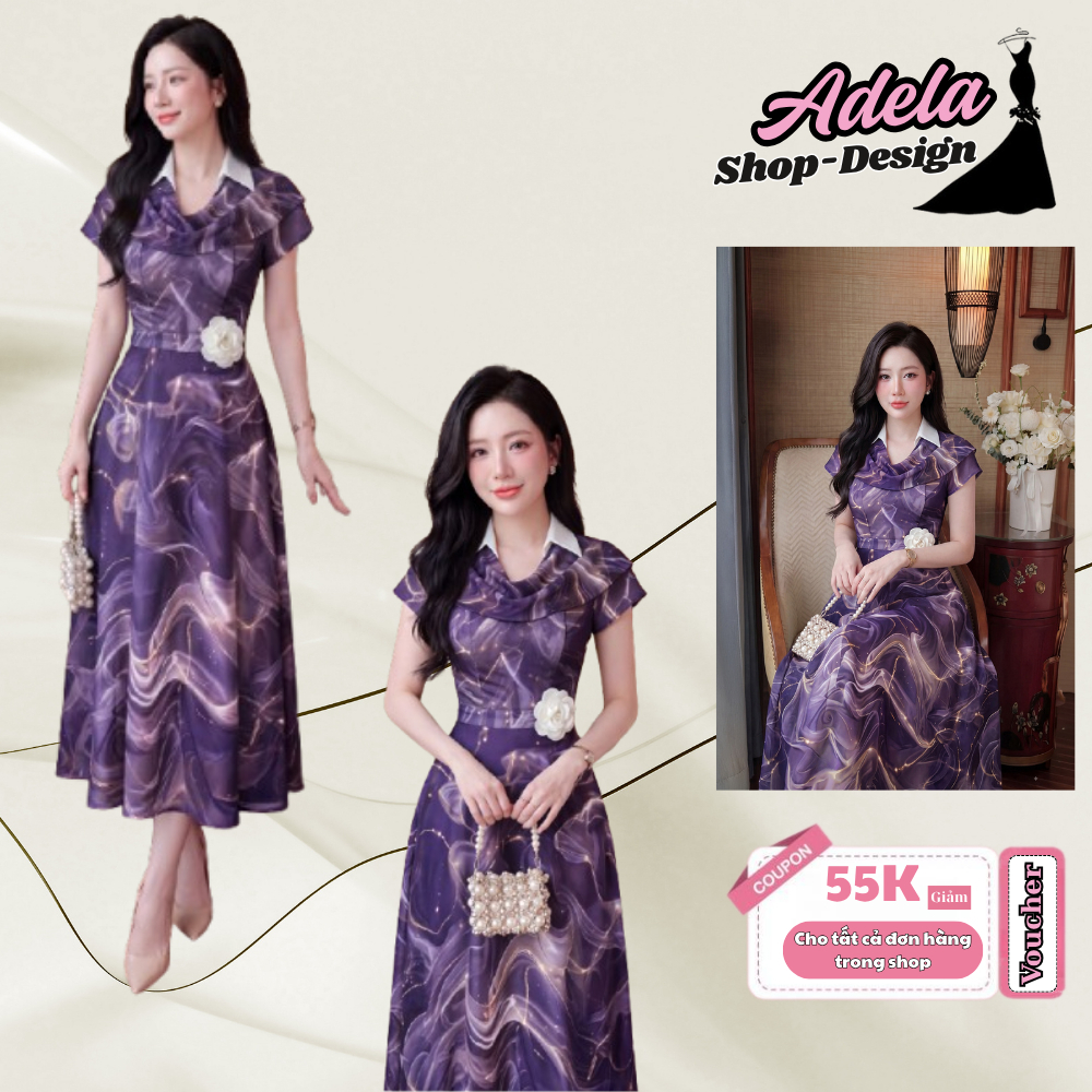 Váy Thiết Kế ADELA DESIGN Mango Ý Cao Cấp Tím Vân Loang Ánh Trắng Hồng Cổ Sơ Mi Bèo Xếp Lớp Midi Xòe Nhẹ MDU6764