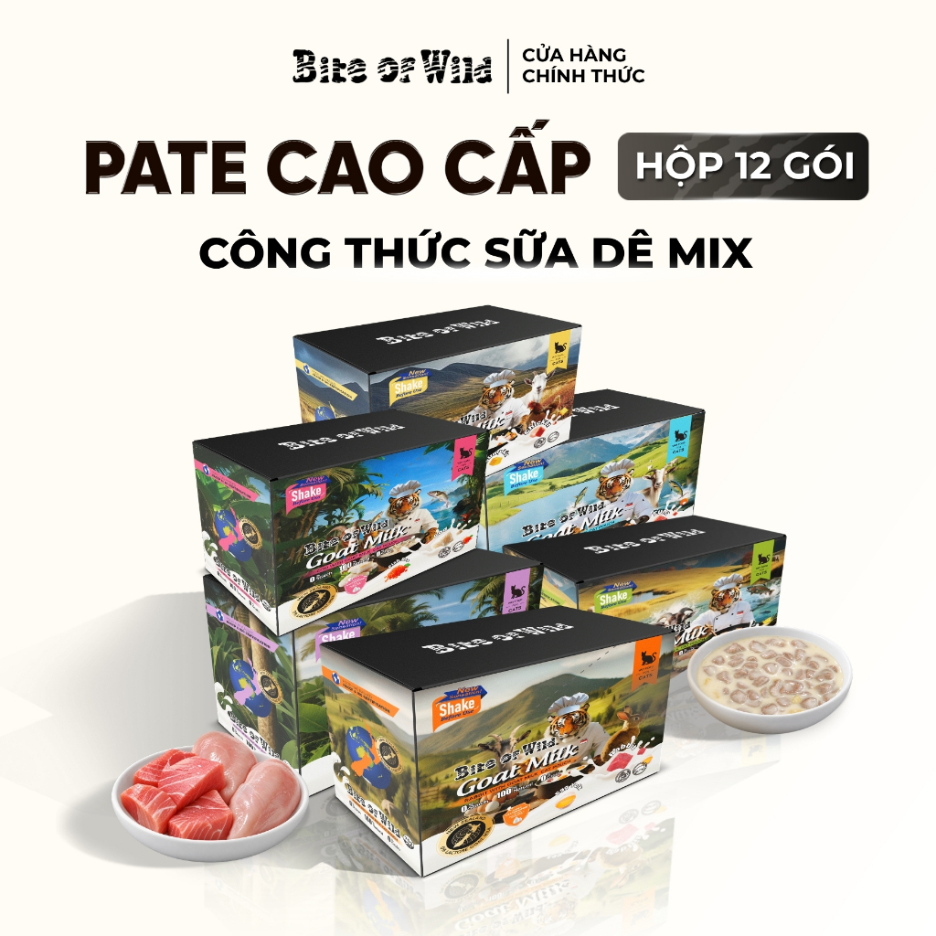 Pate Cao Cấp Bite of Wild Hộp 12 Gói 70G, Công Thức Sữa Dê, Nguồn Đạm Tự Nhiên Cho Mèo Từ 2 Tháng