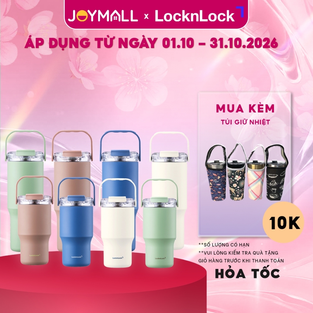 Ly giữ nhiệt phủ sứ LocknLock có quai LHC4430 LHC4431 600ml 880ml, hàng chính hãng, kèm ống hút, quai cầm  - JoyMall