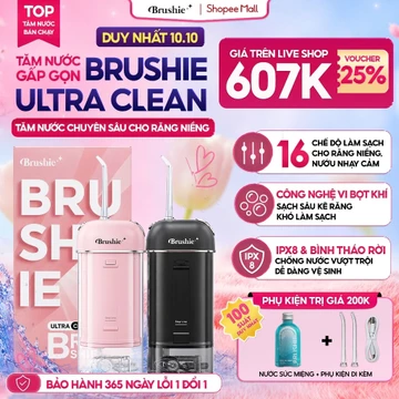 [GIÁ 607K LIVE SHOP] Tăm Nước BRUSHIE ULTRA CLEAN 16 chế độ phù hợp cho răng niềng, Tăm nước mini gấp gọn du lịch