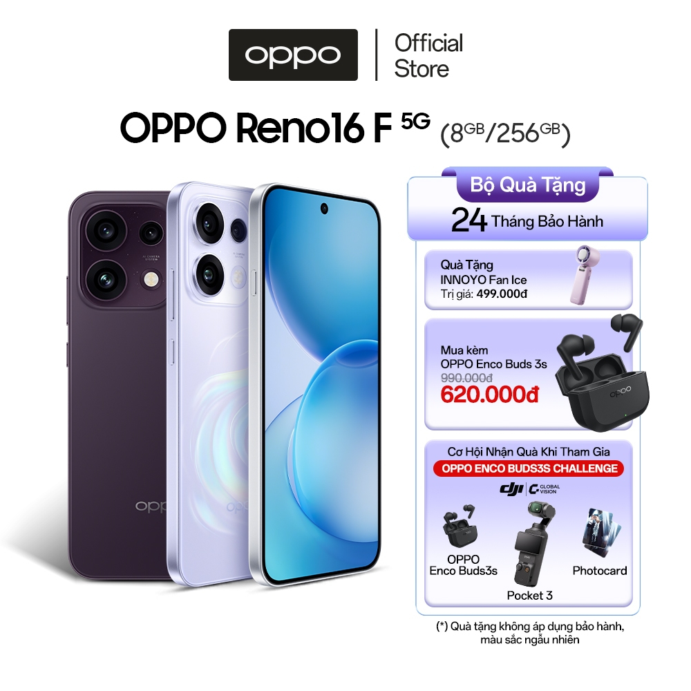 Điện thoại OPPO Reno16F 5G 8GB/256GB, siêu pin 7000mAh, camera tele, sạc nhanh 80W - Hàng chính hãng